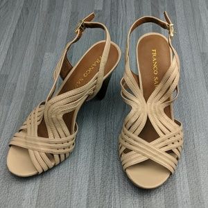 Franco Sarto Open Toe Strappy Tan Block Heels EUC